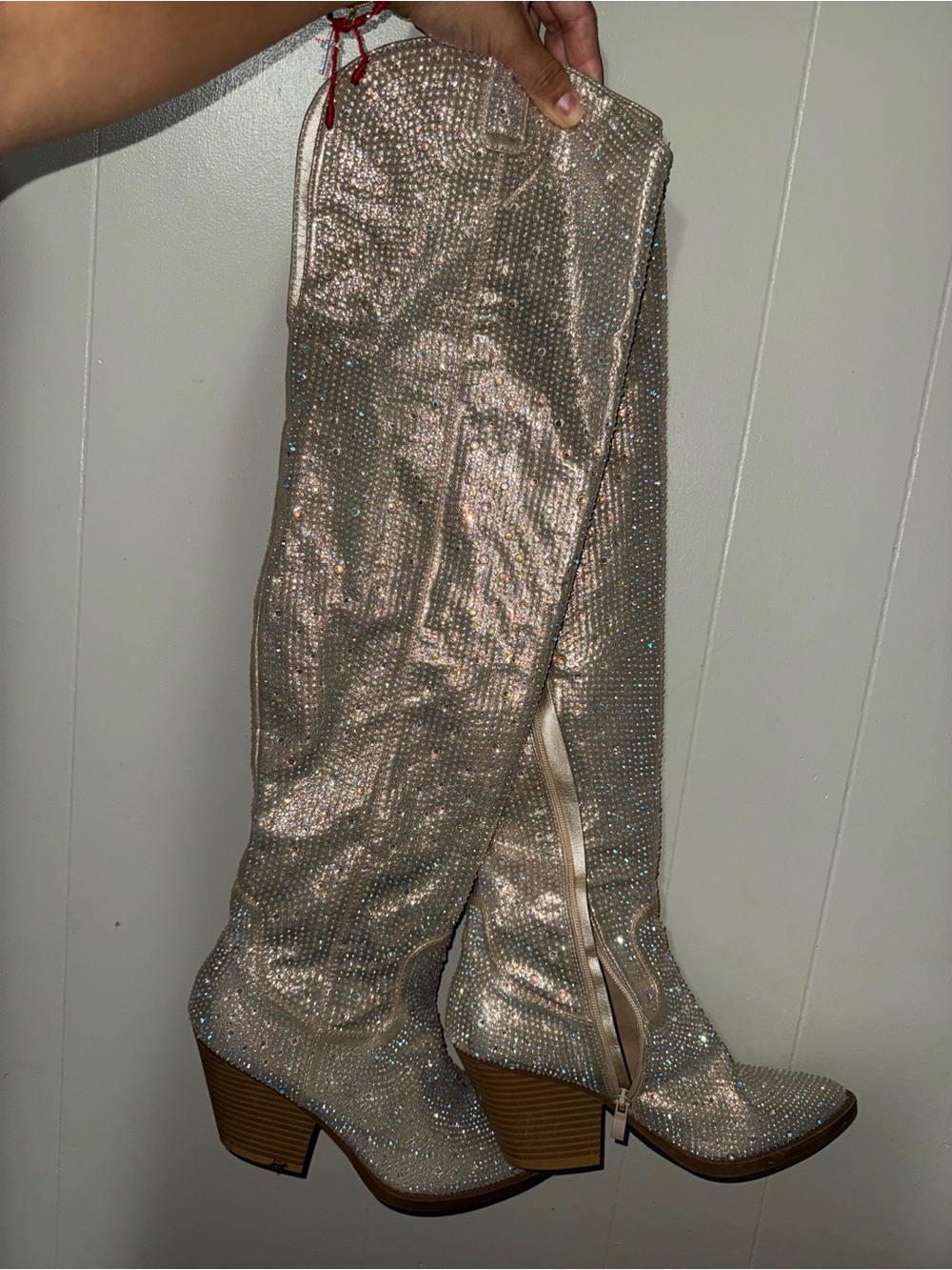 SHEIN Rose Gold Rhinestone Over-the-Knee Block Heel Boots